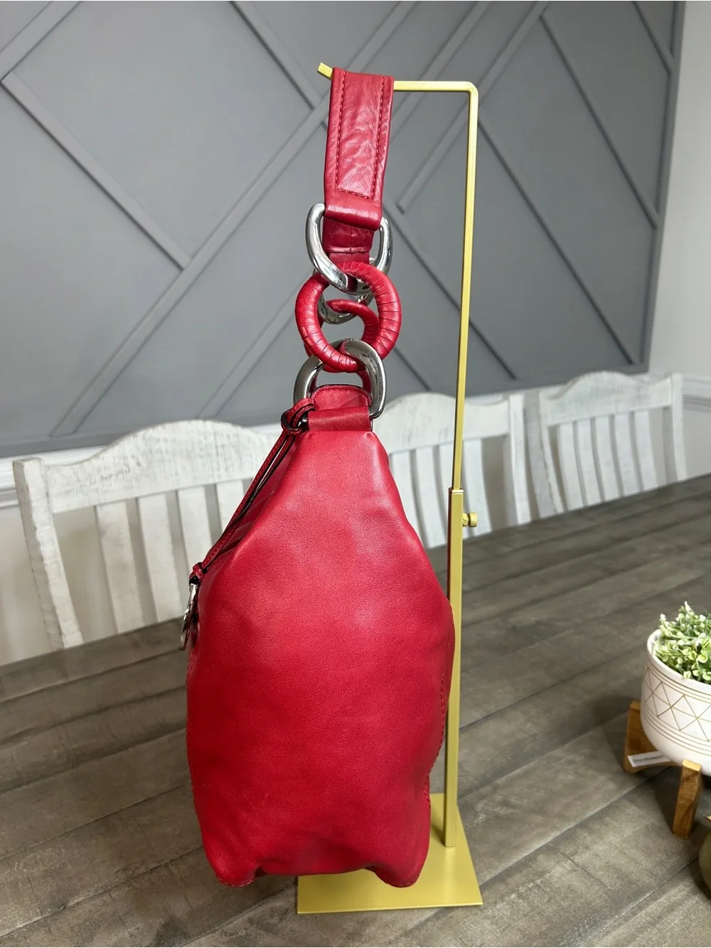 Michael Kors Red Leather Slouchy Hobo Shoulder Bag Silver Chain Accent
